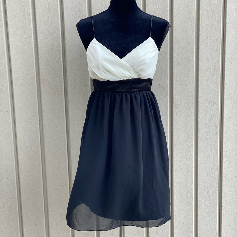 Black and White Dress with Satin Waist Tie